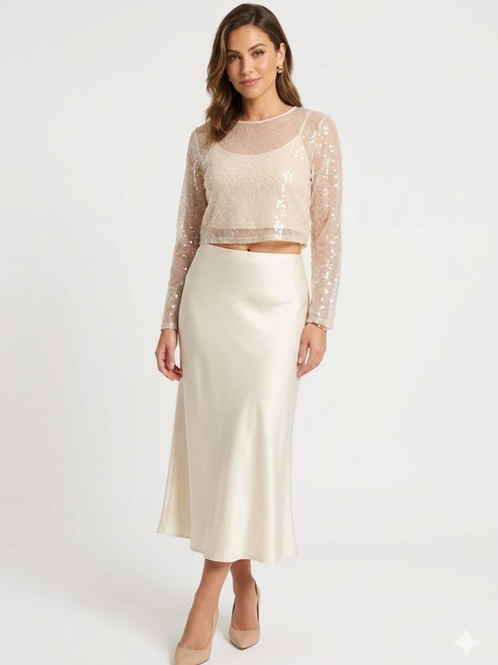 NWT JASON WU CHAMPAGNE SEQUIN ORGANZA LAYERED LONG SLEEVE CROP TOP - M